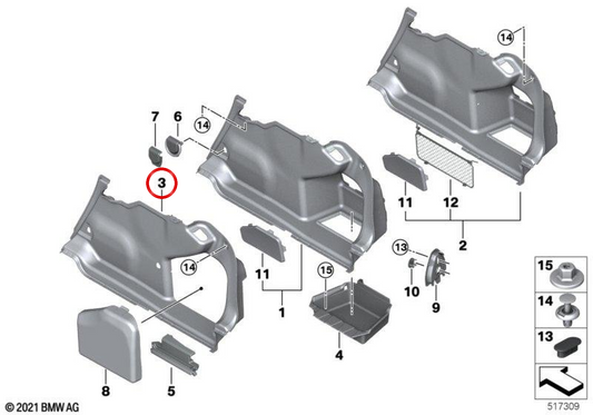 Garniture de coffre droite OEM 51477889296 pour BMW Série 3 G80 M3, M3 CS. Véritable BMW.