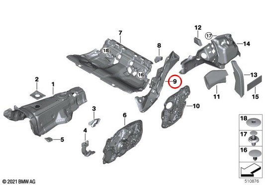 Schalldämmende linke Hinterradabdeckung OEM 51477946053 für BMW 4er G26, Gran Coupe. Original BMW.