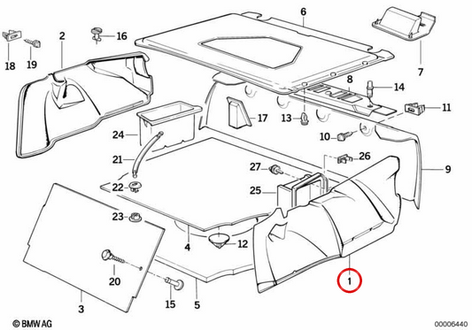 Revestimiento interior paso de rueda maletero izquierdo OEM 51478111425 para BMW E32. Original BMW.