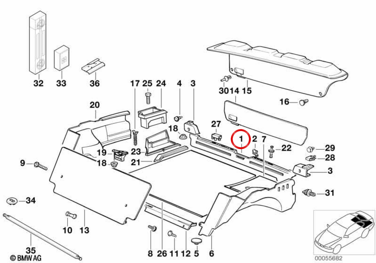 Coperchio posteriore OEM 51478122479 per BMW E36. BMW originale.
