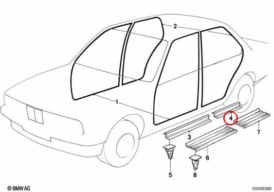 Embellecedor de umbral de puerta trasero derecho OEM 51478137320 para BMW E34. Original BMW.