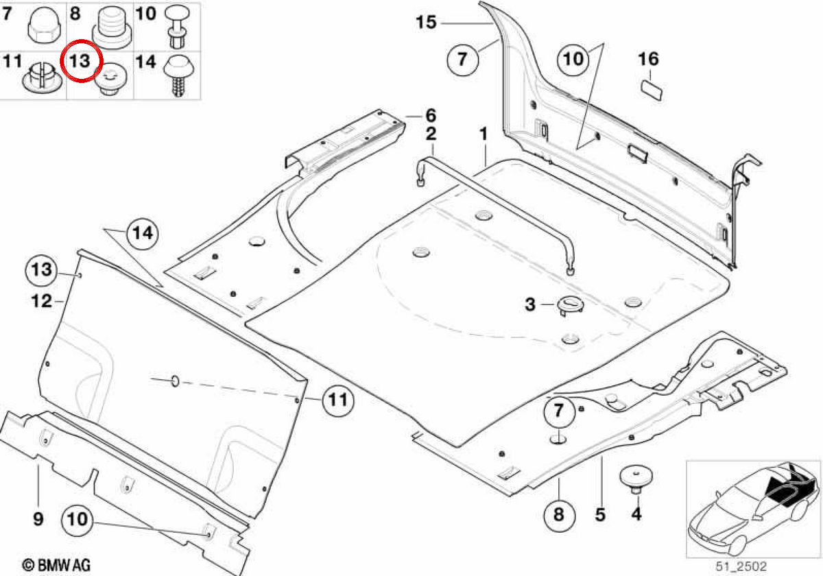 OEM plastic separator 51478189959 for BMW E46, E39, E38, E85, E86. Compatible with several trunk moldings. Original BMW.