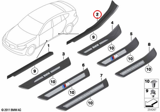 Interior molding of the right rear door threshold OEM 51479167362 for BMW F07. Original BMW.