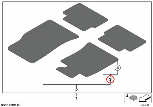 Mat de velours conducteur avec OEM de couture rouge 51479811693 pour Mini R60 (tous les modèles: Cooper, Cooper S, ALL4, etc. de 2010 à 2016). Mini d'origine.