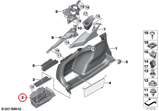 Bandeja de almacenamiento revestimiento maletero izquierdo OEM 51479893879 para BMW G26. Original BMW.