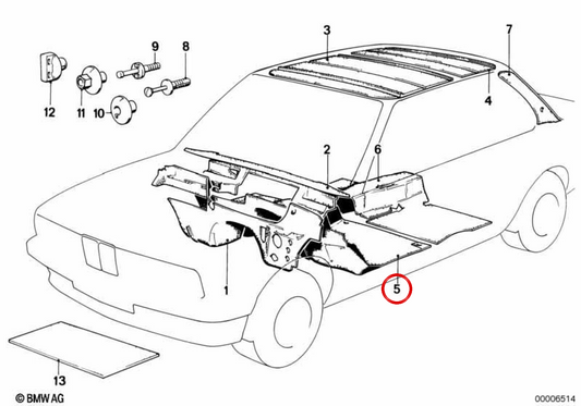Terreno anteriore isolante acustico OEM 51481933423 per BMW E30. BMW originale.