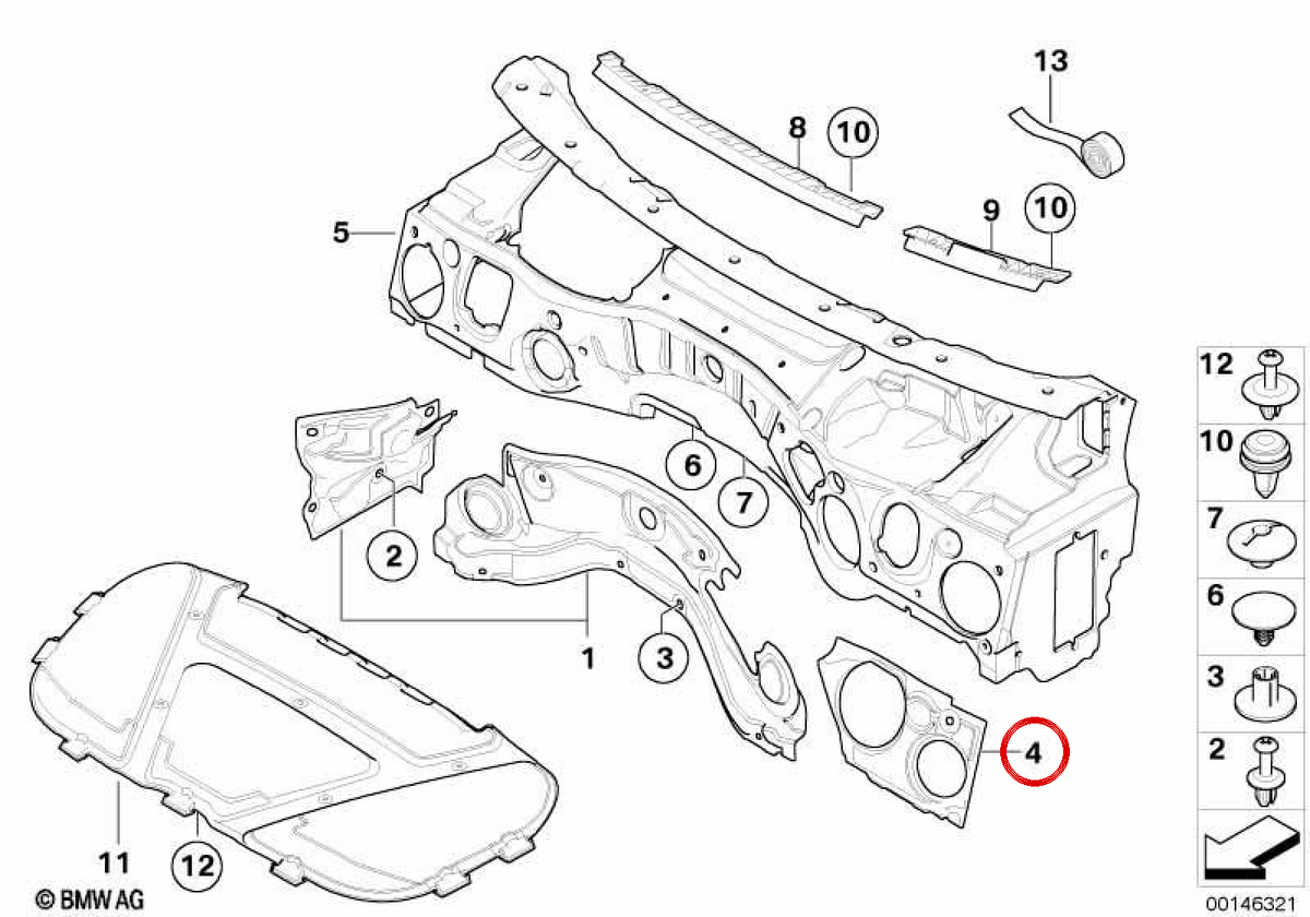 Isolamento acustico Wall Steery Sinistra Sinistra OEM 51487059345 per BMW E81, E82, E87, E88, E90, E91, E92, E93, E84. BMW originale.