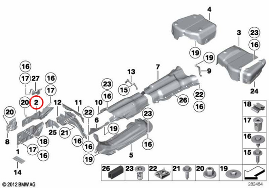 Supporto motorio superiore isolante termico OEM 51487193523 per BMW F07, F10, F11, F06, F12, F13, F01, F02. BMW originale.