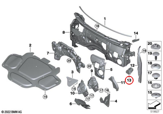 Isolador acústico de pilar A dianteiro direito OEM 51487214680 para BMW G05, G18, F95, G06, F96, G07. BMW genuíno.