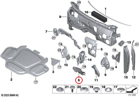 Isolamento acústico do arco da roda dianteira direita OEM 51487214682 para BMW G05, G18, F95, G06, F96, G07, G09. BMW genuíno.