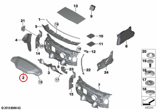 Aislante acústico capó delantero OEM 51487298866 para BMW F45 y F46. Mejora el aislamiento del motor y reduce el ruido. Compatible con versiones 214d, 216d. Original BMW.