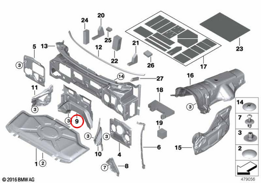 Isolamento acústico do compartimento central do motor OEM 51487320576 para BMW F15, F85, F16, F86. BMW genuíno.