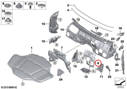 Aislamiento acústico mamparo motor izquierdo OEM 51487330735 para BMW F90, G30, G31, G38, G11, G12. Original BMW.
