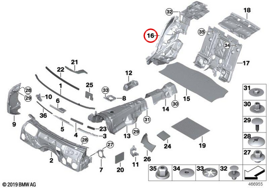Ruota posteriore destro dell'isolatore acustico OEM 51487343476 per BMW G11, G12. BMW originale.