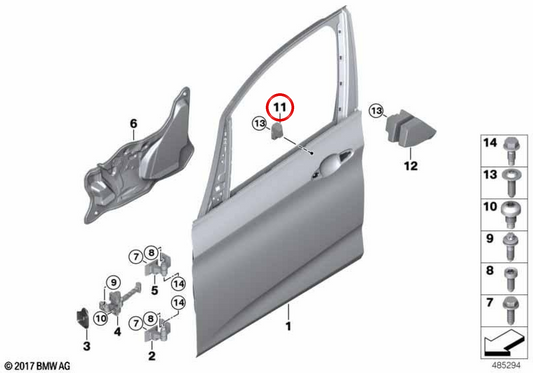 Protetor de porta dianteira direita OEM 51487393026 para BMW F45, F46. BMW genuíno.