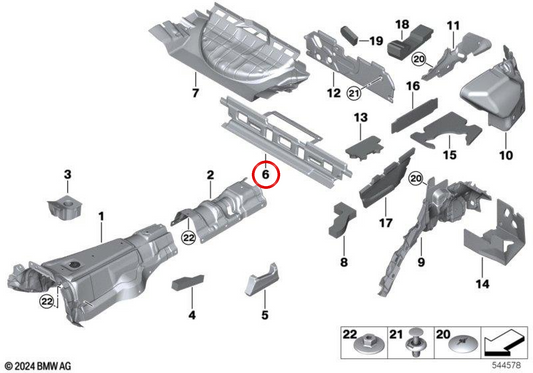 Isolamento acústico do piso traseiro OEM 51487434340 para BMW G05, G18, F95, G09. BMW genuíno.