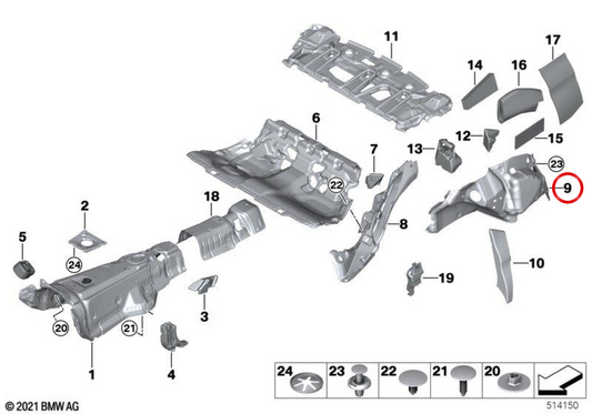 Aislante acústico maletero derecho OEM 51487438304 para BMW G20, G28. Original BMW.