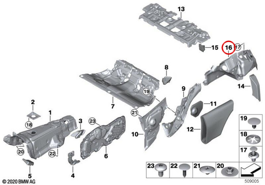 Aislante acústico maletero izquierdo OEM 51487489839 para BMW G22. Original BMW.