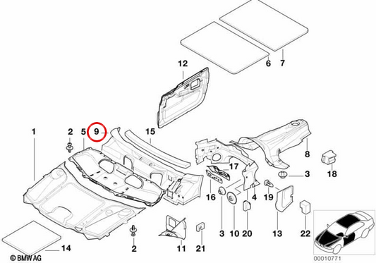 Isolatore acustico del firewall superiore OEM 51488243778 per BMW E38. BMW originale.