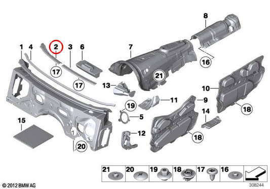 Soporte aislante acústico cortafuegos derecho OEM 51489121686 para BMW F10, F11, F01, F02, F04. Original BMW.