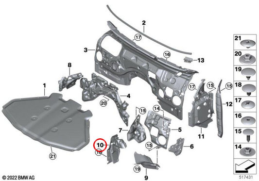Aislante acústico torreta suspensión delantera izquierda OEM 51489423299 para BMW G70. Original BMW.