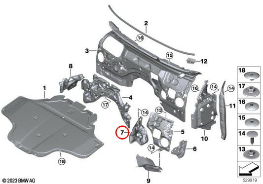 Parede divisória interna à prova de som direita OEM 51489423314 para BMW Série 5 G60, G68, G90 e muito mais. BMW genuíno.