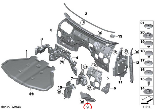 Isolamento acustico OEM della ruota anteriore destra 51489423330 per BMW G70. BMW originale.