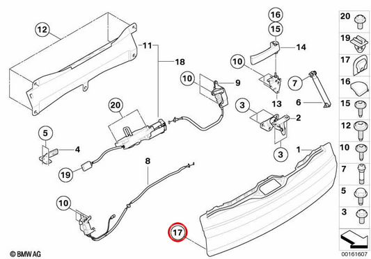 Rear tailgate/boot lid plug OEM 51497167597 for BMW X5 E53, X5 E70, X5 E70 LCI and MINI Cabrio R57, R57 LCI. Original BMW and MINI