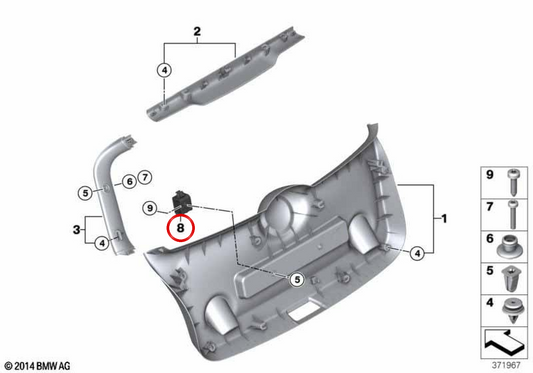 Staffa triangolo di emergenza OEM 51497375203 per MINI F56, F55, F56 BEV, F56 LCI, F55 LCI... e altro ancora. MINI originale.