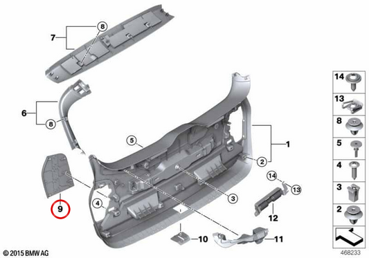 Tapa de acceso al cambio de lámpara izquierda OEM 51497414931 para BMW F46. Original BMW.