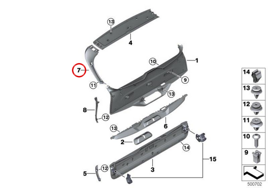 Rivestimento centrale sinistro del cancello posteriore OEM 51497442971 per BMW G05, F95. BMW originale.