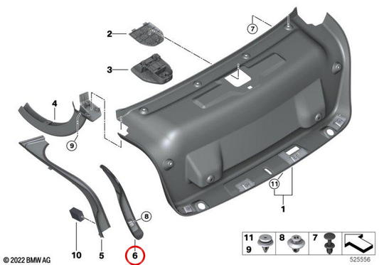Moldura da luz traseira na porta traseira direita OEM 51497464426 para BMW G20, G28, G80. BMW genuíno.