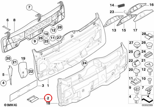 Cubierta cerradura maletero OEM 51498259126 para BMW E39. Original BMW.