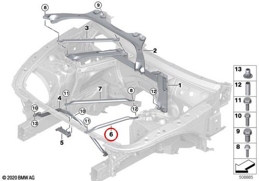 Barra di rinforzo a destra OEM 51617329870 per BMW G30, G31. BMW originale.