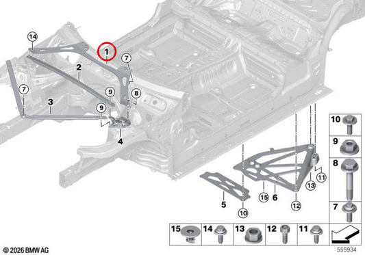 OEM 51618075012 Bar de renforcement Torreta pour BMW G87, G80, G81, G82, G83. BMW d'origine.
