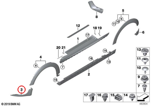 Spoiler delantero izquierdo Black Band OEM 51627382171 para MINI F56, F55, Cabrio F57. Original MINI.