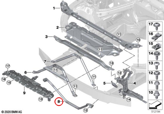 Reforço de chassi U-Strebe OEM 51647956353 para BMW G23. BMW genuíno.