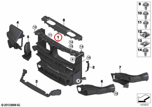 Guía de aire de refrigeración OEM 51648057051 para BMW F15, F16. Original BMW.