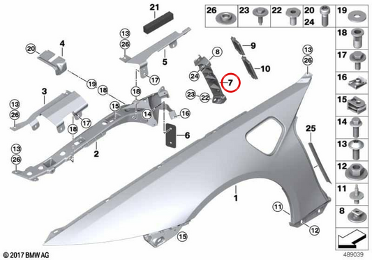 Soporte lateral de aleta delantera izquierda OEM 51657336267 para BMW I12, I15. Original BMW.