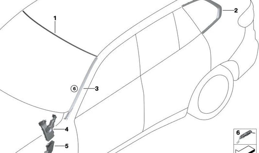Tira embellecedora del parabrisas izquierda pintada OEM 51317463527 para BMW G05, G05N, F95, F95N, G18, G18N. Original BMW.