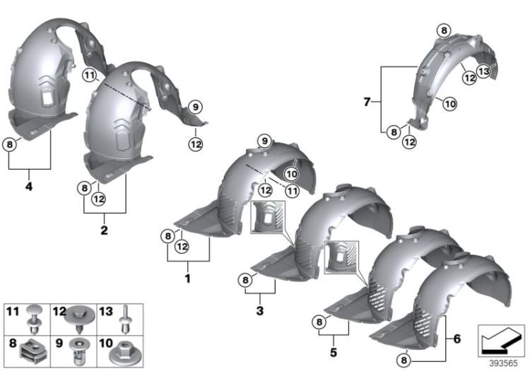 Recubrimiento cubrerueda trasero derecho OEM 51717290796 para BMW Serie 2 F45, F46, Active Tourer, Gran Tourer... y más. Original BMW.