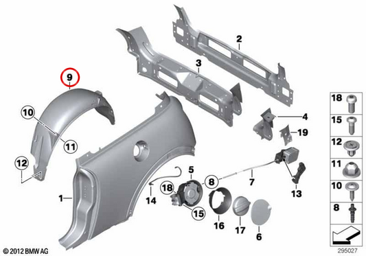 Recubrimiento cubrerueda trasero izquierdo OEM 51711486200 para MINI R50, R53, Cabrio R52. Original MINI.