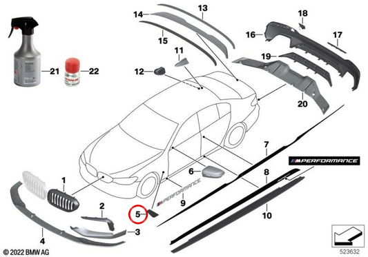 Guarnição de aleta de entrada de ar M Performance OEM 51712464947 para BMW G30, G31, G38. BMW genuíno.