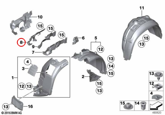OEM 51712990817 Coperchio anteriore sinistro per BMW E84 X1 XDrive18d, XDrive20D, XDrive28i. BMW originale.