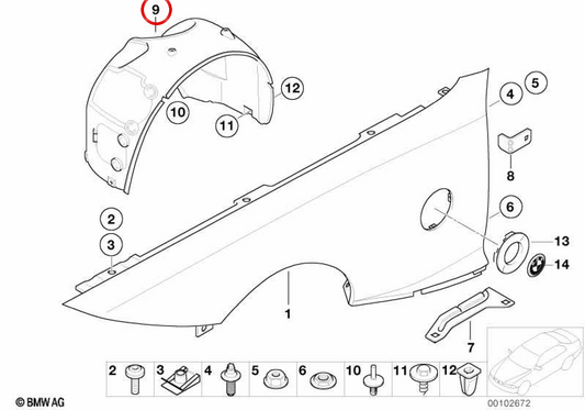 Rivestimento passaruota anteriore sinistro OEM 51717012727 per BMW Z4 E85 e Z4 Coupé E86. Originale BMW