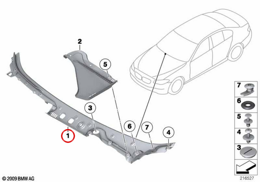 Coperchio del parabrezza superiore (Abdeckung Windlauf) OEM 51717203125 per BMW F10, F10n, F11, F11n. BMW originale BMW. Ideale per sostituire lo stampaggio esterno del tergicristallo.
