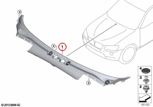 Tampa de acabamento do pára-brisa OEM 51717206136 para BMW X3 F25 (modelos sDrive18d, sDrive20i, xDrive20d). Compatível com versões manuais e automáticas. Peça original BMW.