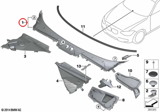 RHD Cubierta del parabrisas para BMW Serie 1 F20, F21, Serie 2 F22, F23, F87 (OEM 51717240679). Original BMW