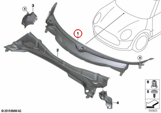 Cache de pare-brise avant droit OEM 51717354217 pour MINI Clubman F54 (11/2014-07/2019), F54 LCI (05/2018-02/2024). MINI d'origine.
