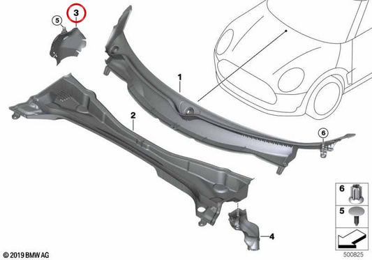 Copertura di plastica dei venti (Schottwand Windlauf) OEM 51717363520 per Mini F54 Clubman. Mini pezzo originale.